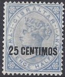 1889 Gibraltar  SG.18b 25c on 2½d bright blue 'broken N' variety  lightly mounted mint.