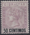 1889 Gibraltar  SG.20a  50c on 6d  bright lilac.  '5' short foot variety.   lightly mounted mint.