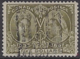 1897 Canada SG.140  Jubilee issue.  $5 olive green. lightly used with roller cancel.