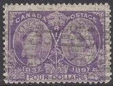1897 Canada SG.139  Jubilee issue.  $4 violet lightly used with roller cancel.