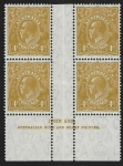 1933 Australia.  SG.129 KGV 4d yellow-olive  Ash imprint block of 4 (N over N) watermark 'C of A'  mounted mint (in gutter).