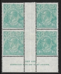 1932  Australia  SG.131  KGV 1/4d turquoise Ash Imprint block of 4 (N over A) mounted in gutter.