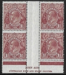 1930 Australia. SG.97  KGV 1½d red-brown  Ash Imprint block of 4 'damaged S in Ash) perf 13½ x 12½ U/M (MNH)