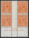 1928  Australia.  SG.94  KGV  ½d orange  perf 13½ x 12½ Ash imprint block of 4 variety break in top fram left of crown. U/M (MNH)