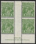 1932  Australia.  SG.125  KGV 1d green  perf 13½ x 12½  Ash Imprint block of 4 'Sans Serif font'  Mounted in gutter.