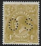 1928  Australia  SG.O94  4d yellow olive watermark 'multi crown A' perfin 'OS' U/M (MNH)
