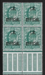 Great Britain  SG.O20  ½d blue-green  overprinted I.R. OFFICIAL  block of 4 with pillars  U/M (MNH)