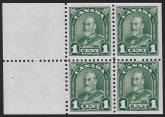 1931 Canada  SG.289db  1c green booklet pane of 4 + 2 labels  3 U/M  & 1 M/M