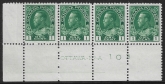1911 Canada  SG.198 1c deep bluish green bottom left marginal strip of 4 U/M  (MNH)