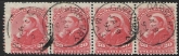 1893  Canada SG.115  20c vermilion. strip of 4 fine used. (minor damage on left stamp)
