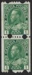 1912 Canada SG.217a   1c blue green with 2 large holes at top & bottom. experimetal Toronto coil vertical pair. M/M