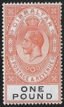 1927 Gibraltar.  SG.107 KGV.  £1 red-orange & black. lightly mounted mint.