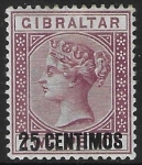 1889  Gibraltar  SG.17ab  25c on 2d brown purple. variety small 'I'  mounted mint.