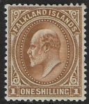 1904 Falkland Islands.  SG.48 1/- brown. mounted mint