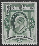 1904 Falkland Islands.  SG.49 3/- green  Mounted Mint.