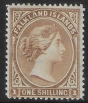 1891-1902 Falkland Islands - SG.38x  1/- yellow-brown. wmk reversed.  lightly mounted mint.