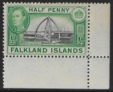 1938 Falkland Islands. SG.146  ½d black and green. U/M (MNH)
