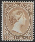 1896 Falkland Islands.  SG.38  1/- yellow brown. mounted mint.