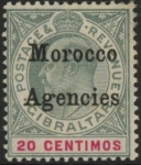 Morocco Agencies -  Gibraltar SG.26  20c  grey-green & carmine. M/M.