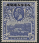 1922 Ascension KGV SG.5 3d Bright Blue Stamp St Helena o/p overprinted 'Ascension'  M/M