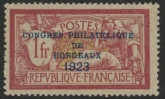 1923 France SG.400e  1f lake & yell grn. o/p 'CONGRESS PHILATELIQUE De BORDEAUX 1923' LMM