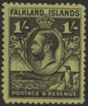 1936 Falkland Islands - SG.122a  line perf 1/- black on brt. emerald. M/M