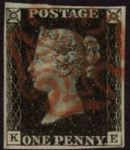 SG.2 1d black 4 margins Plate 5 Letters 'KE' cancelled red MX variety AS26(b) double letter 'E' fine used.