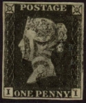 SG.2 1d black 4 margins Plate 2 Letters 'I I' cancelled black MX fine used.