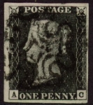 SG.2 1d black 4 margins Plate 2 Letters 'AC' cancelled black MX fine used.