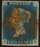 SG.5 2d  blue 4 margins Letters 'JE' cancelled red MX fine used.