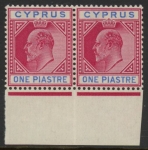 1903 Cyprus SG.52 1pi  carmine & blue marginal pair. U/M (MNH)