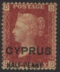 1881 Cyprus SG.9 1d red overprinted 'Cyprus Halfpenny' plate215 corner letters DD M/M.