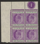 1904 Cyprus SG.63a 30pi violet & green top corner plate  block of 4 . U/M (MNH)