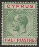 1912 Cyprus KGV SG.75ab ½pa yellow-green & carmine 'broken left triangle'  M/M