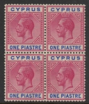 1915 Cyprus KGV SG.77b 1pi. carmine & blue. block of 4 U/M (MNH)