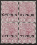 1880 Cyprus SG.3  2½d rosy mauve plate 14 O/P 'CYPRUS with variety thin 'C' in block of 4 U/M (MNH)