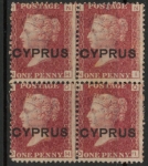 1880 Cyprus SG.2 1d red overprinted 'Cyprus' plate 216 block of 4  corner letters.NH-NI  OH-OI  LM/M.