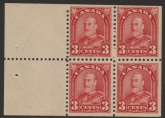 1931 Canada SG.293a 3c scarlet.  booklet pane of 4 + 2 labels  U/M (MNH)