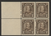 1931 Canada SG.292ba 2c deep brown.  booklet pane of 4 + 2 labels  M/M