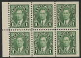 1937 Canada SG.357b 1c green.  booklet pane of 6. U/M (MNH)
