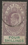 1903 Gibraltar SG.53  4/- dull purple & green . watermark crown CA. fine used