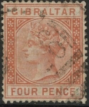 1887 Gibraltar.  SG.12  4d orange-brown. fine used.