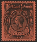 1914 Falkland Islands  SG.69  £1 black/red. fine used.