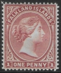 1885 Falkland Islands - SG.7  1d pale claret crown CA sideways watermark. U/M (MNH)