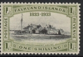 1933 Falkland Islands.  SG.134  1/- black & olive green - KGV Centenary. U/M (MNH)