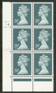U310 (x977)  Harrison 28p deep bluish-grey phos.(ACP)   perf RE  Cyld. 4 dot  U/M (MNH)