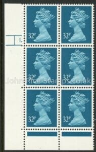 U329 (x983)  Harrison 32p greenish blue phos.(ACP)   perf RE  Cyld. 1 dot  U/M (MNH)