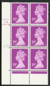 U377 (x991)  Harrison 39p bright mauve phos.(ACP)   perf RE  Cyld. 2 dot  U/M (MNH)