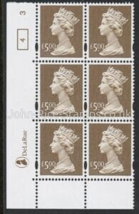 Y1803 (UC21) De La Rue £5.00 brown  Cyld. 3 no dot (4)  U/M (MNH)