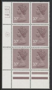X999 (UG49)  Waddington 20p  dull purple. Cyld. 16A 11B  no dot   U/M (MNH)